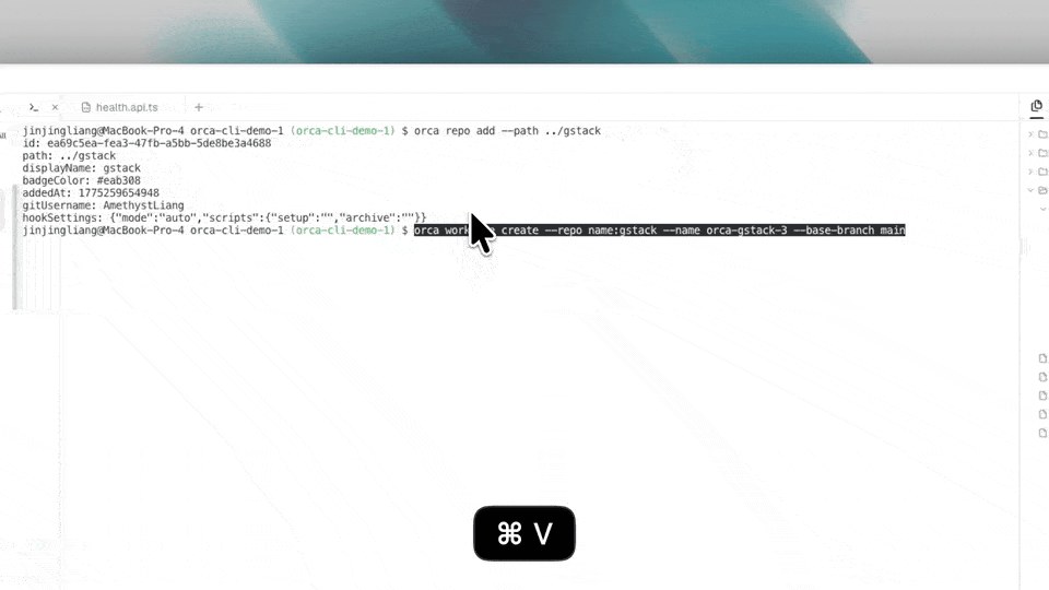 Терминал Orca с командами orca repo add и orca worktree create