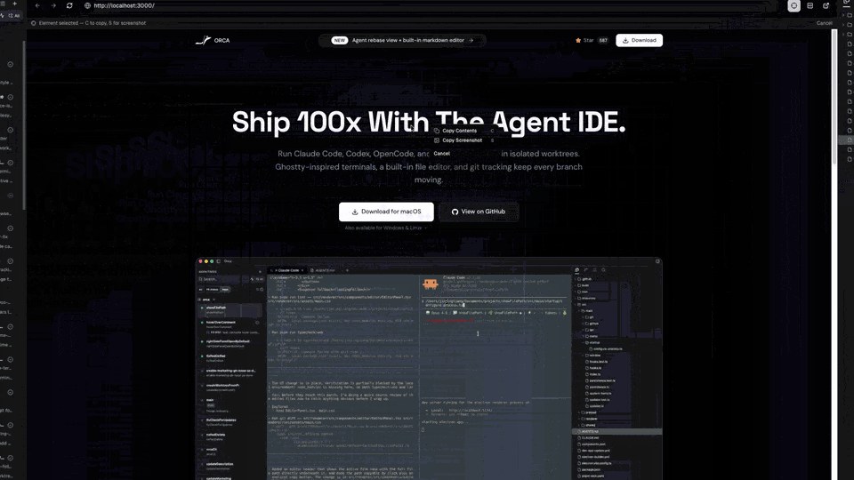 Design Mode: выбранный элемент на странице и меню «скопировать содержимое / скриншот»
