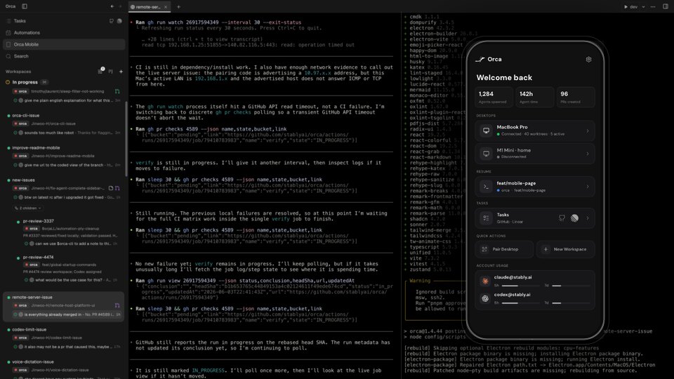 Мобильное приложение Orca рядом с окном десктопа